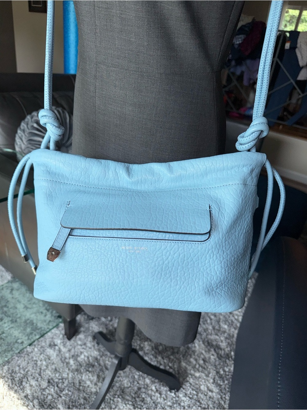 Henri Bendel Sky Blue Pebbled Leather Crossbody Bag Rare 2018 Drawstring Strap